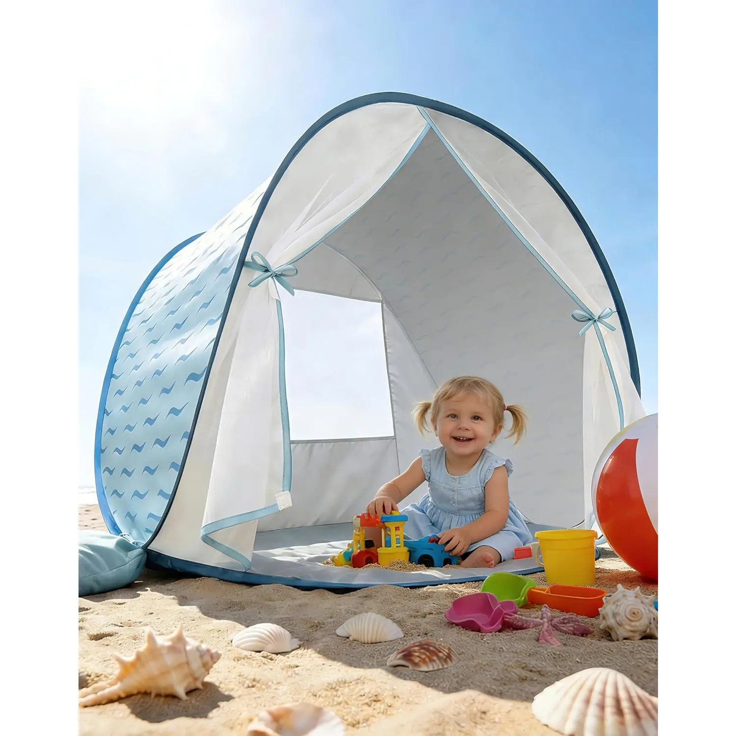 2026 New Pop-Up Baby Beach Tent, UPF 50+ Sun Protection with Mosquito Net, Portable Outdoor Shade Canopy Shelter Summer Essentials for Babies and Toddlers, Blue Wave