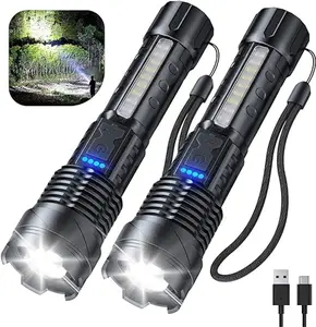 2 Pack Strong Flashlight USB Rechargeable, Bright Led Flashlights with 7 Light Modes/Emergency Lighting White Flashlight Red/Blue Alarm Lights/IPX6 Waterproof, Powerful Handheld Flash Light for Camping Home Emergencies/Night security Road Lighting