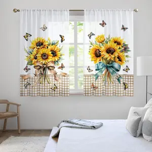 Sunflower & Butterfly Pattern Curtain, 2 Counts/set Modern Simple Valance Curtain, Home Decoration Curtain, Window Curtain for Home Living Room Bedroom Kitchen Bathroom