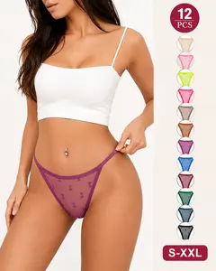 Sparkling Lace Thongs for Women, G String Thong Underwear, Low Rise Breathable T-Back Panties, Comfortable Seamless No Show Thongs, 12 Pack Assorted Colors coquette