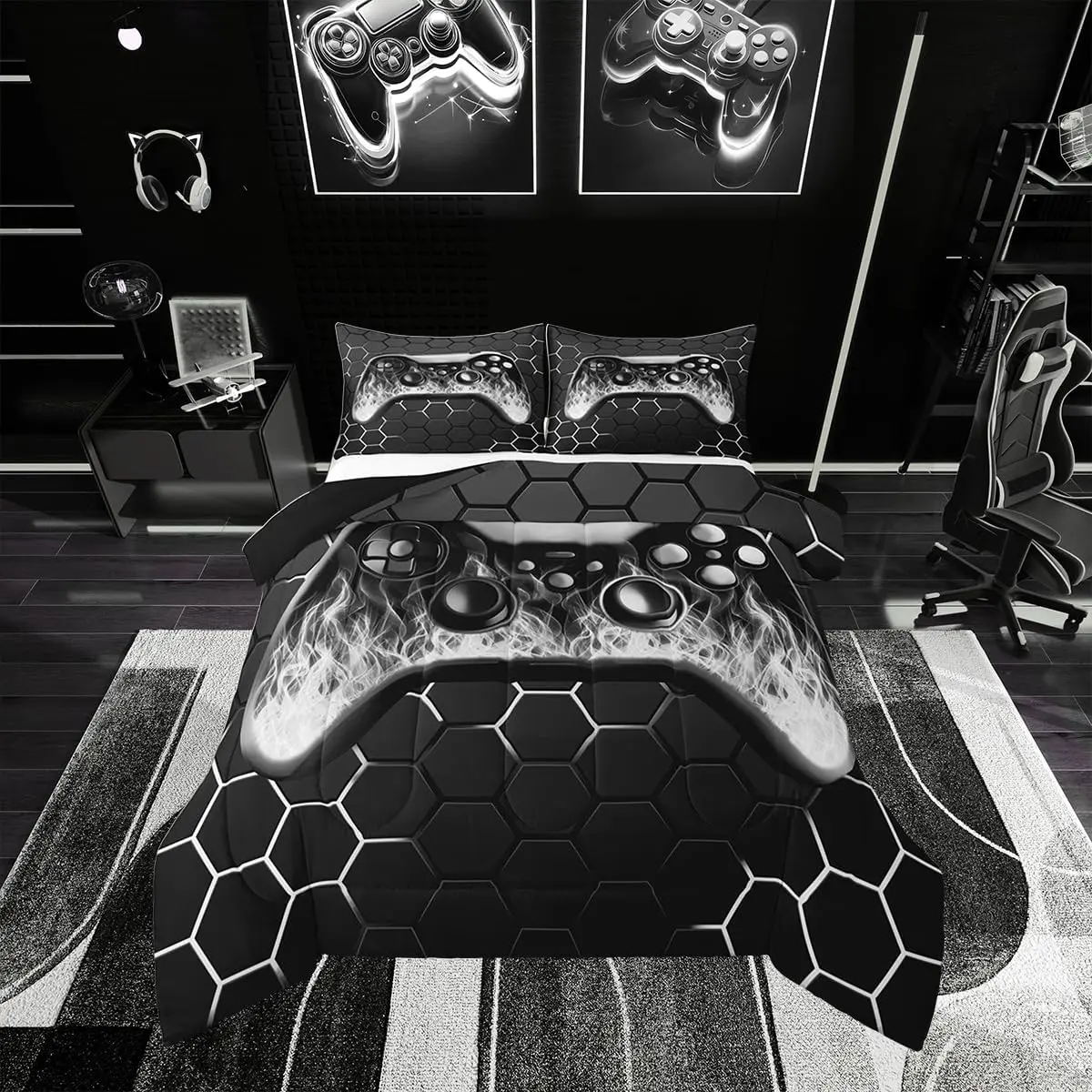 Feelyou Game-Themed Microfiber Duvet Set - Soft Gray-Black Geometric Honeycomb Quilt, 3D Flame Gamepad Design, Multi-Size Travel-Friendly Game Room Bedroom Bedding Set, Microfiber Bedding Set