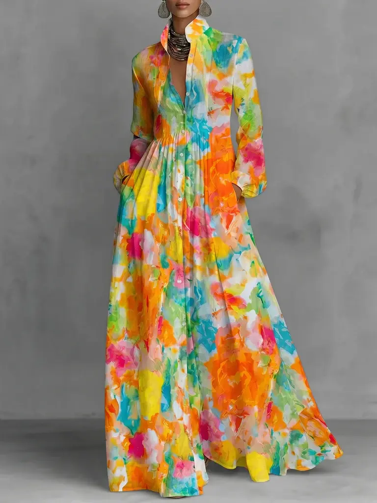 Women's Casual A-Line Maxi Shirt Dress - Long Sleeves, Buttoned Closure, Contrast Color, Pleated Pockets, Printed Lapel