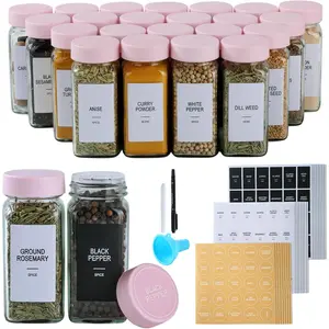 24 Glass  Jars with Labels,  Jar Set, 4oz Seasoning Containers,  Containers with  Airtight  and Shaker , Square Empty  Bottles, 492 Labels, 1 Funnel