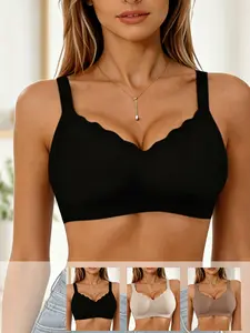 Women's Basic 3-Pack Seamless Wireless Bras - Adjustable Straps, Feminine Scallop V-Neck, Breathable Casual Everyday Lingerie