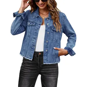 Denim Jacket for Women Distressed Jean Jackets Button Up Vintage Western Trucker Jacket Frayed Hem Pockets