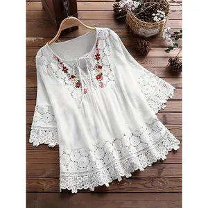 Summer Casual Loose Top, V-Neck, Bowknot, Hollow Half Sleeve, Pleated, Lace Flower Decoration