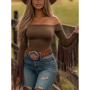 Vintage Western Tassel Off-Shoulder Women’s Shirt – Elastic Polyester Fiber, Long Sleeve, Rustic Brown, Country Style, Machine Washable, No. 270 Women’s Blouse, Knitted Print