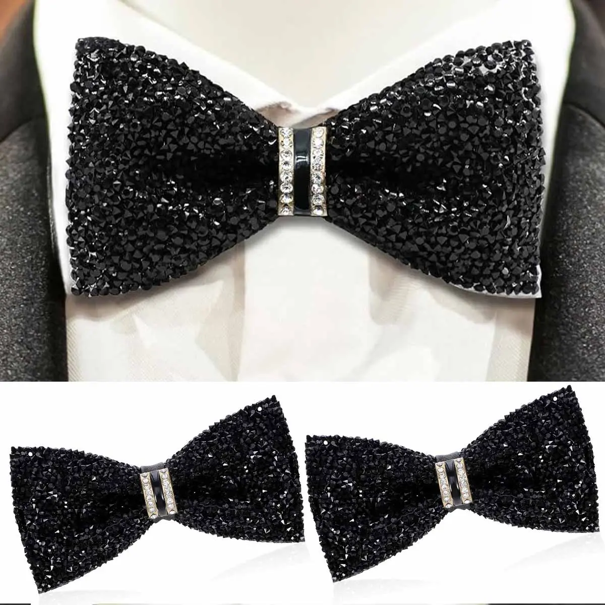 Men's Pre-Tied Black Rhinestone Bowtie, Adjustable Sparkly Formal Accessory for Banquet, Christmas (2 Pack)