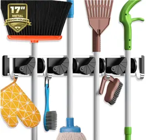Holikme Mop Broom Holder Wall Mount Metal Pantry Organization and Storage Garden Kitchen Tool Organizer Wall Hanger for Home Goods (4 Positions with 4 Hooks, Black)