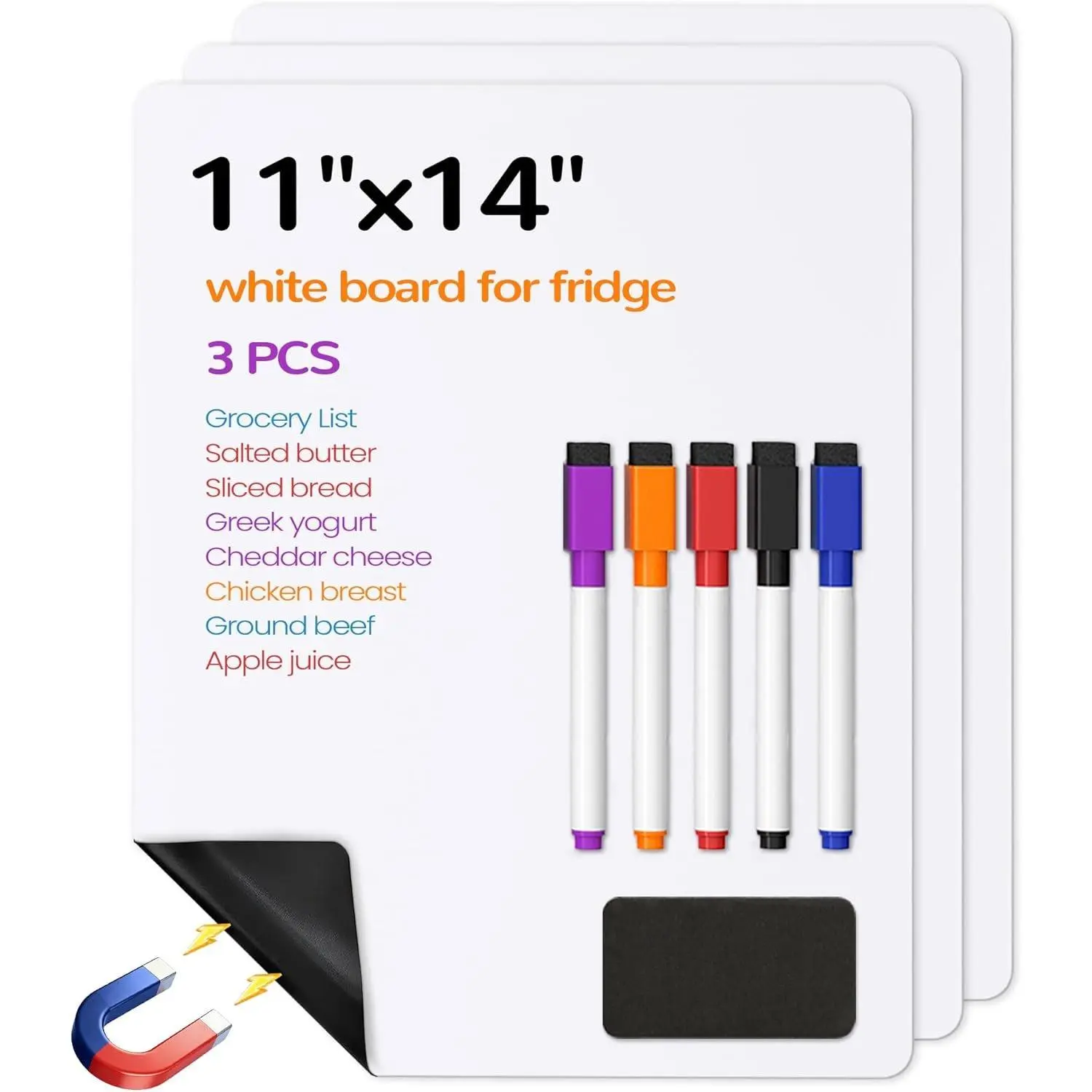 Whiteboard Sheets for Fridge, 3 count 11" x 14" Small Refrigerator Dry Erase Boards for Kitchen Planner and Organizer, 5 Markers and 1 Erase Included