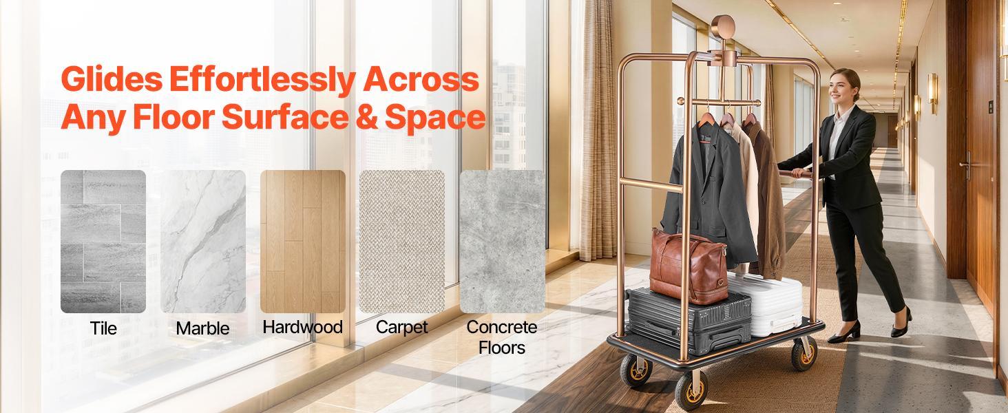VEVOR Hotel Luggage Cart, 1200 lbs Heavy Duty Bellman Cart with Stainless Steel Frame, 8 in Rubber Wheels, Black Carpeted Deck, Commercial Luggage Carrier Rolling Trolley for Hotels,Resorts, Rose Gold VEVOR Hotel Luggage Cart, 1200 lbs Heavy Duty Bellman Cart with Stainless Steel Frame, 8 in Rubber Wheels, Black Carpeted Deck, Commercial Luggage Carrier Rolling Trolley for Hotels,Resorts, Rose Gold