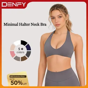 DENFY Softmotion Minimal Halter Neck Bralette for Women - Seamless Open Back Padded Low Impact Sports Bra Yoga Gym Everyday Activewear Tank Top