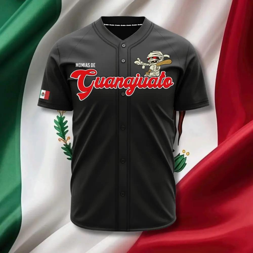 Guanajuato Mexico Black Red/White Blue Button-Up Baseball Jersey – Momias Cartoon Graphic, Black Heritage Sports Shirt, Unisex Gift for Mexico Fans