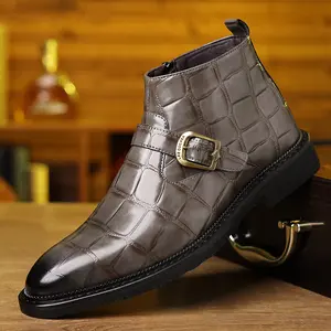 Men's Black Crocodile Pattern Ankle Boots with Buckle Details - A casual street style shoe with a sole, rubber sole, pointed toe Boy Footwear