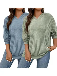 Plus Plain Textured Drop Shoulder Hoodie, Casual Long Sleeve Pullover For Spring & Fall, Women's Clothes For Daily Wear