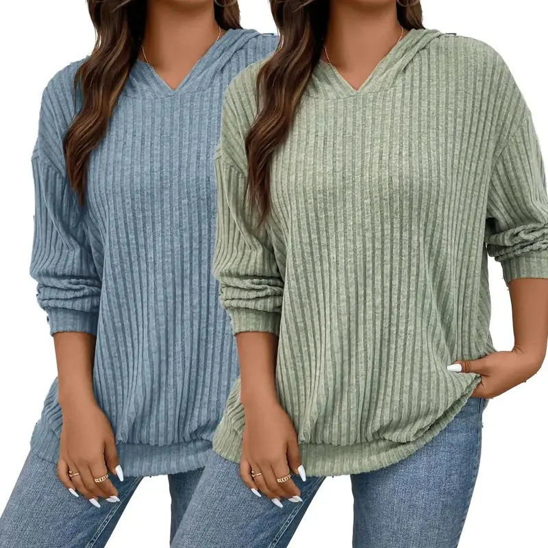 Plus Plain Textured Drop Shoulder Hoodie, Casual Long Sleeve Pullover For Spring & Fall, Women's Clothes For Daily Wear