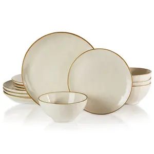 Famiware Ocean Round Dinnerware Sets for 4, 12-Piece Kitchen Plates and Bowls Sets, Microwave and Dishwasher Safe