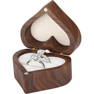 Wooden Heart Shape Ring Gift Box with Single Slot 2 Slot, Personalized Vintage Wood Jewelry Box for Proposal Engagement Wedding Ceremony Anniversary (White -2 Slot)