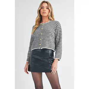 Aemi + Co Striped Button Down Round Neck Cardigan