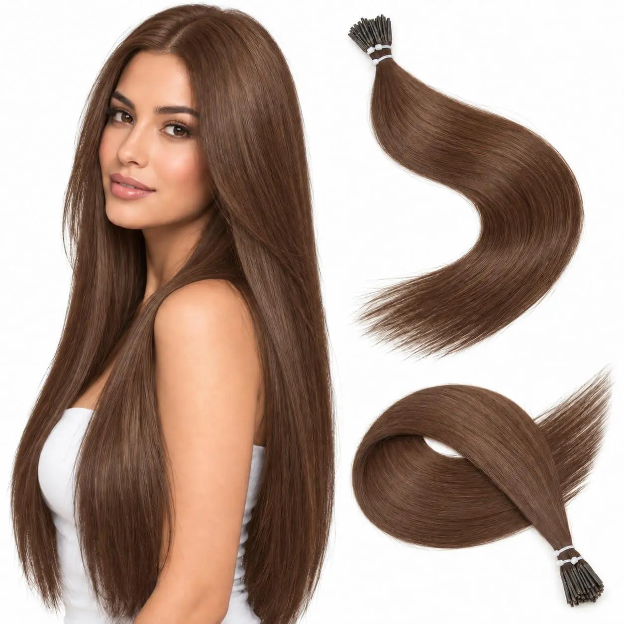 I Tip Human Hair Extension - Stick Tip Bead-In Straight Hair Extension, 12 in Medium Brown (#6), 50 Pieces, 30g Total Weight