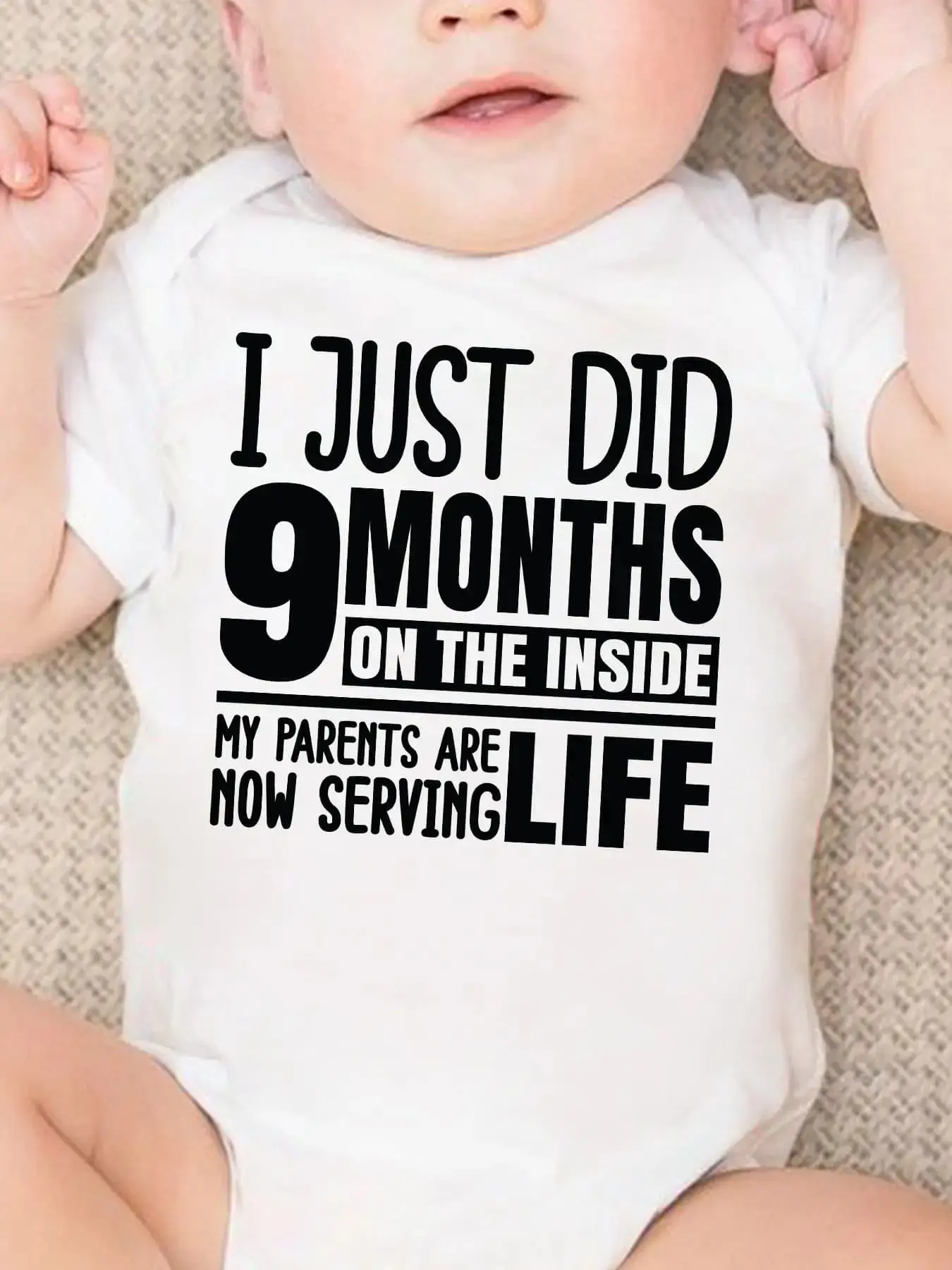 Unisex Baby Breathable Cotton Bodysuit - "I Just Made 9 Months Inside" Funny Letter Print, Short Sleeve, Expandable Shoulders, Snappy Fasteners, Prop 65 Safe, Durable, Suitable for Newborn to 1 Month Sport & Outdoor Baby Clothing