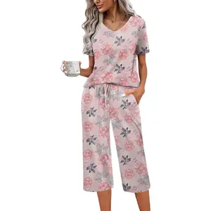 Womens Pajama Sets Soft Cotton Pj Short Sleeve Top with Capri Pants Sleepwear 2 Piece Print Loungewear,S-XXL