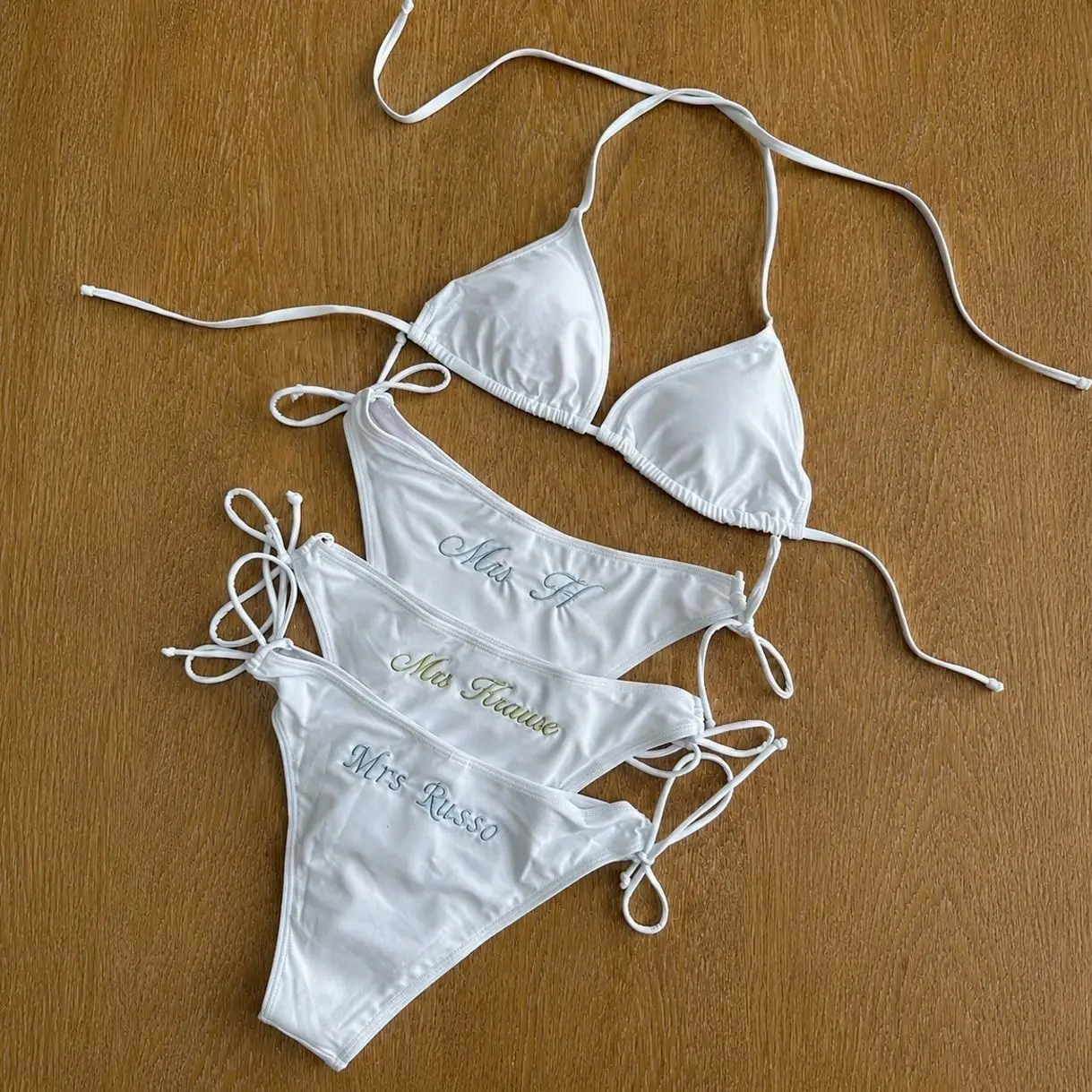 Personalized Embroidered Bride Bikini Set with Matching Sarong, Custom Name Bridal Swimwear for Honeymoon & Bachelorette Party
