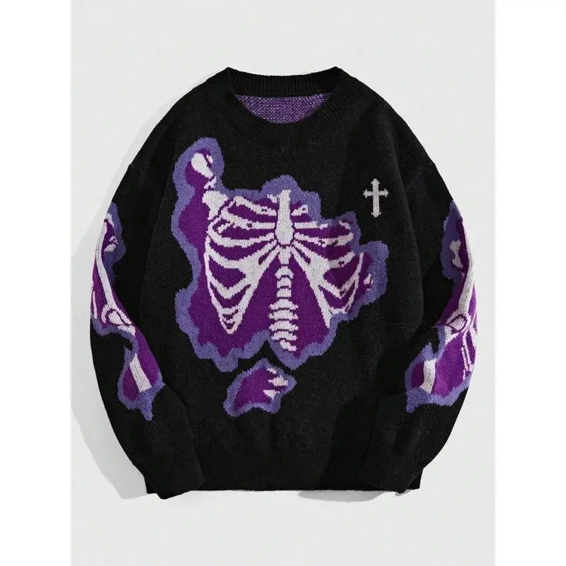 Men's Halloween Skeleton Print Drop Shoulder Sweater, Casual Comfy Regular Fit Long Sleeve Round Neck Jumper for Fall & Winter, Fashion Men's Knitwear for Daily Wear Menswear Tops Crewneck Pullover
