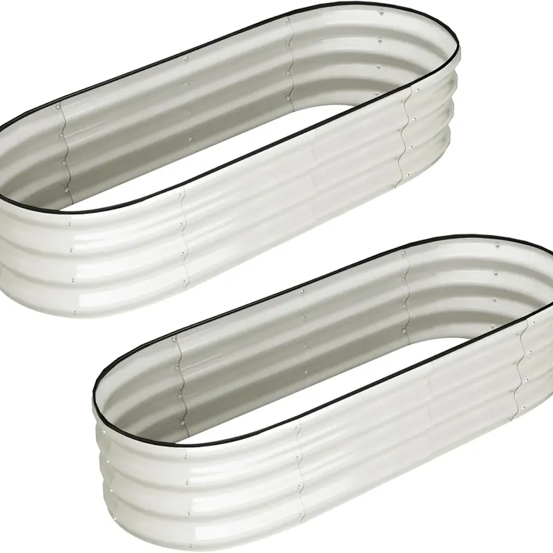 Garden Accessories 2-Piece White Modern Double-Layer Anti-Rust Oval Galvanized Elevated Flower Pots & Planters (4.5x2x1 FT), 0.5 mm Thick Heavy-Duty Elevated Planting Boxes, Tool-Free Assembly, Open-Bottom Drainage Base, Outdoor Garden Use