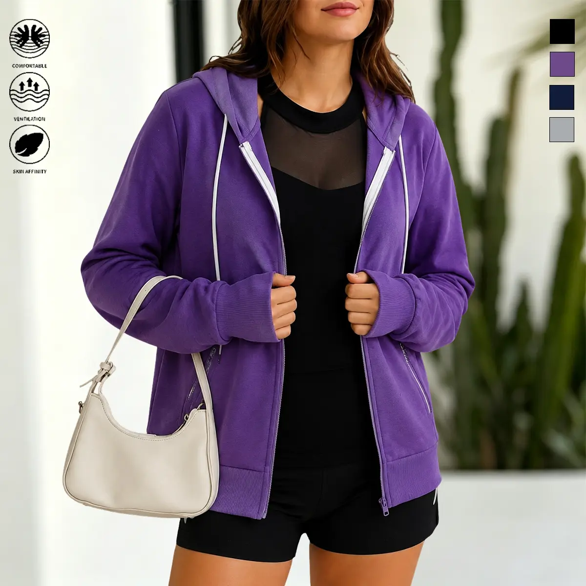 Women’s casual solid-color hooded sweatshirt with zipper and pockets, available in multiple colors, long sleeves, casual style, suitable for everyday wear, school, commuting to work, women’s clothing, everyday top