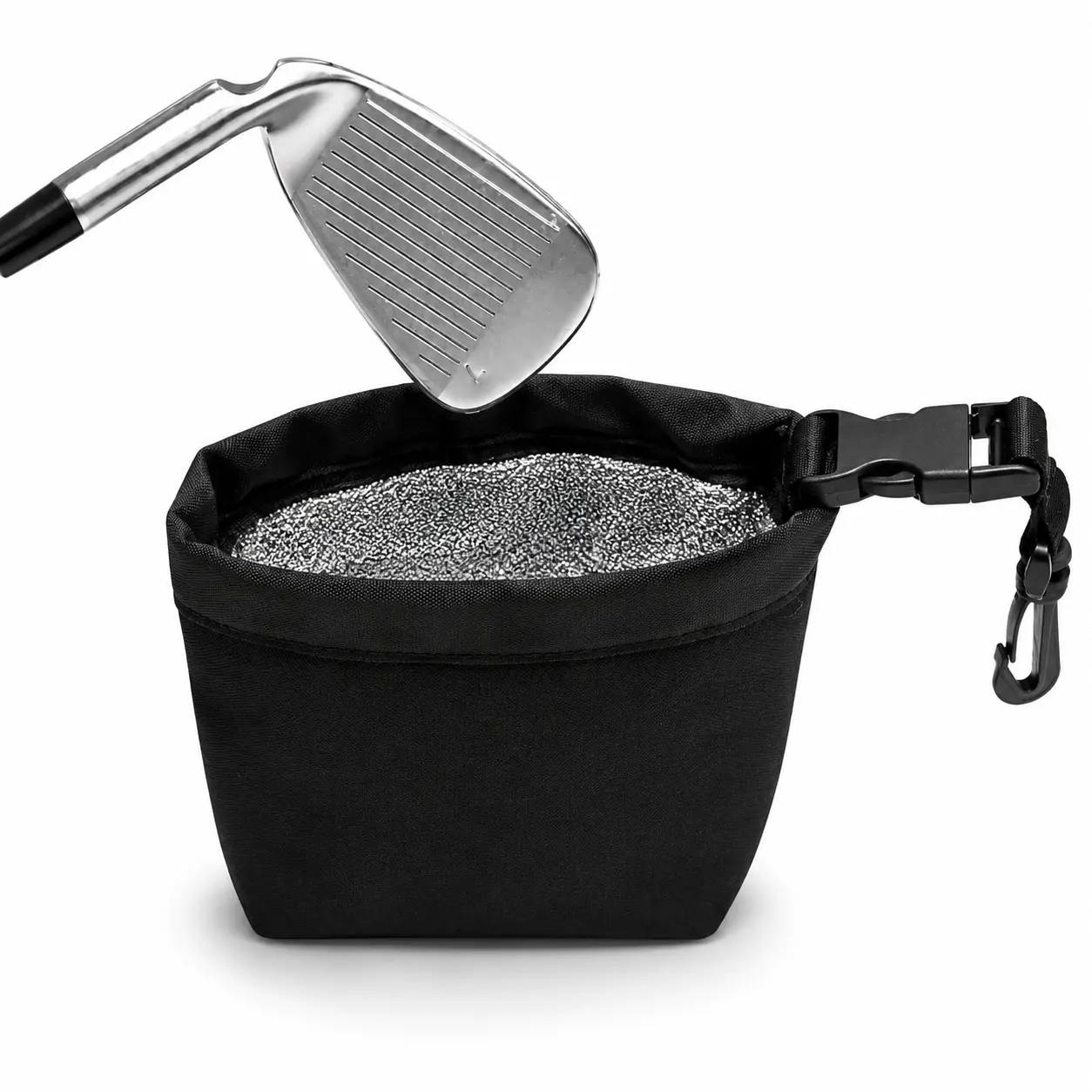 Portable Golf Club Cleaning Bag with Clip-On Buckle - Black Exterior, Silver Interior Brush Removes Dirt, Grass, Sand - Reusable Pouch for Irons, Wedges - Golf Accessories for Golfers, Driving Range, Practice Sessions
