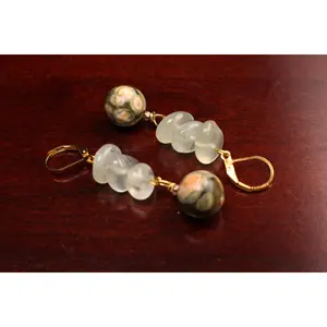 Natural Prehnite Wire Wrapped Dangling 12mm Green Rhyolite smooth round gold earrings, Beautiful handmade minimalist gemstone earrings