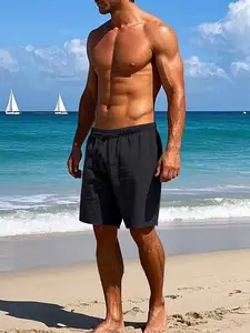 Men's Solid Color Cotton Linen Drawstring Shorts, Elastic Waist Design, Soft Breathable Fabric, Loose Comfort Beach Pants, Outdoor Casual Wear