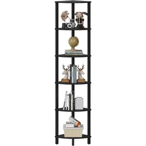 Corner Shelf, 6-Tier Corner Bookshelf, Industrial Corner Ladder Shelf, DIY Storage Shelves, Modern Display Shelf for Living Room, Bedroom, Kitchen, Home Office, Black UJSJ004B