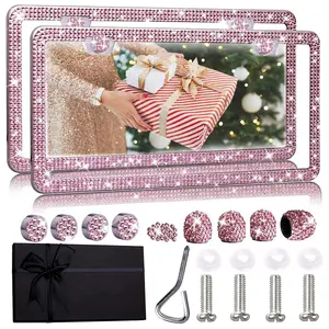Stainless Steel License Plate Frame Set, Electroplated Water Drill Car Accessories, Fashionable Diamond Crystal Cover, Universal Fit Usa Canada Mexico