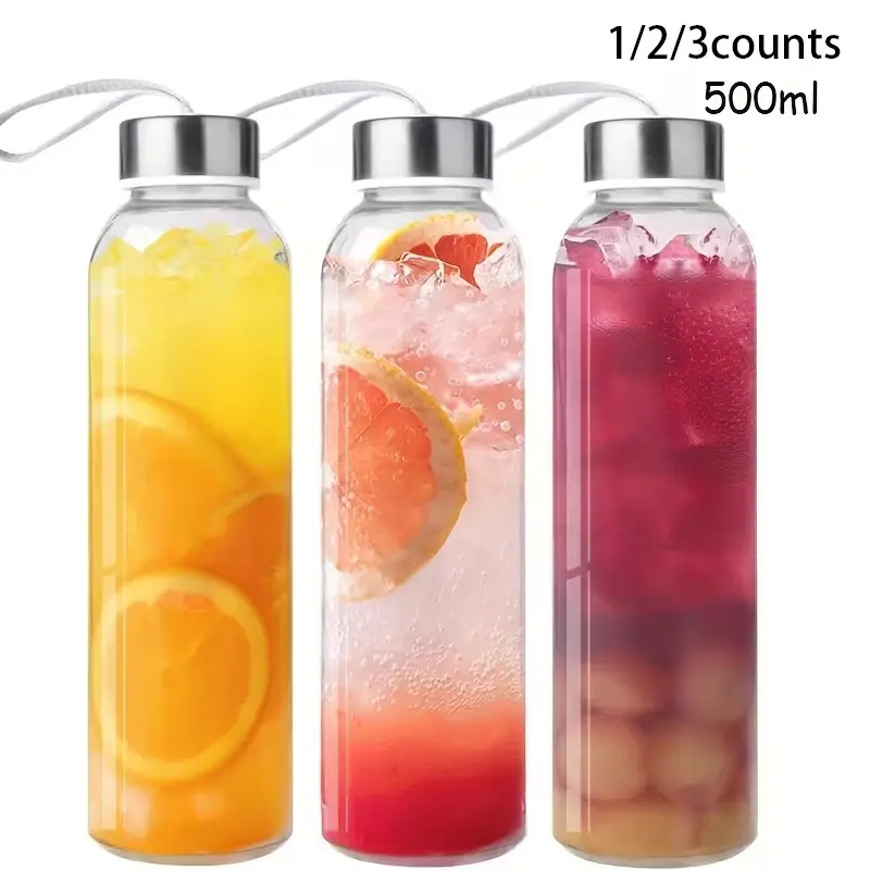 Reusable Glass Water Bottle Set with Stainless Steel Lid, Transparent Juice Bottles, Glass Drinking Bottles with Lids, Liquid Storage Containers for Juicing Drinks Refrigerator Travel, Eco Friendly Bottle, Travel Bottled Drinkware