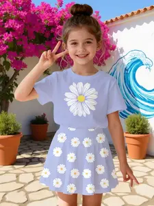 Girls' Cartoon 3D Daisy Print Short Sleeve Top + Casual Skirt Set, Summer Vacation, Outdoor Leisure Activities