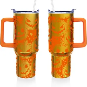 Halloween 40 oz Tumbler with Lid Handle and Straw Pumpkin Stainless Steel Double Walled Insulated Cup Halloween Travel Mug Water Bottle Gifts for Men and Women (1PC)