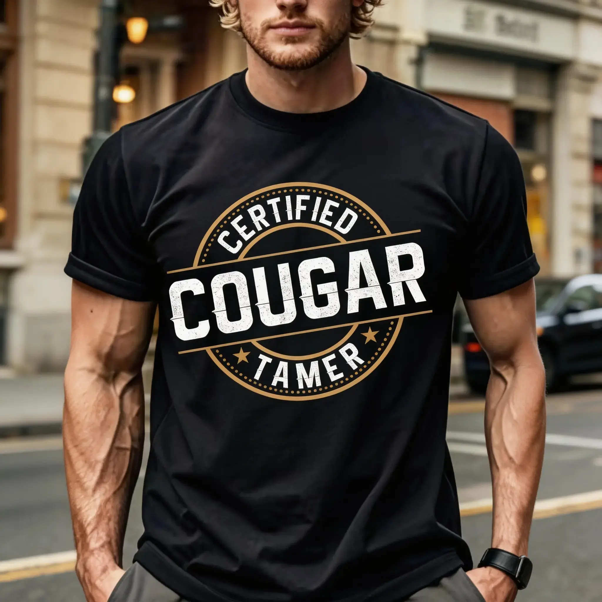 Men's Certified Cougar Tamer Design Casual Short-Sleeve T-Shirt, Natural Cotton Fabric Streetwear Top