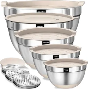 8-Piece Stainless Steel Mixing Bowl Set with Airtight Lids – Nesting Bowls for Meal Prep, Mixing & Serving with Non-Slip Base & Grater Attachments (5, 4, 3.5, 2, 1.5 QT)