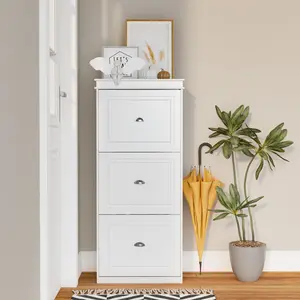 Three Tier Modern Minimalist Shoe Cabinet - Freestanding Entryway Shoe Cabinet with Light Wall Matte Organiser, Hidden Narrow Shoe Rack, Small Size White