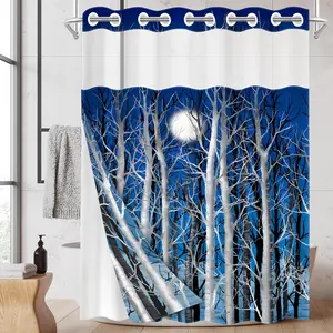1PC 2D Flat Moonlit White Forest Pattern Double-Layer Woven Shower Curtain (No Hooks), Transparent Top Window, Removable Liner with Clips, Modern and Unique Home Bathroom Partition Art Decoration, Bathroom Decor, Holiday Decoration