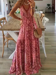 Plus Size Boho Bohemian V Neck Spaghetti Strap Maxi Dress, Women's Fat Hiding Flowy Beach Summer Vacation Dress
