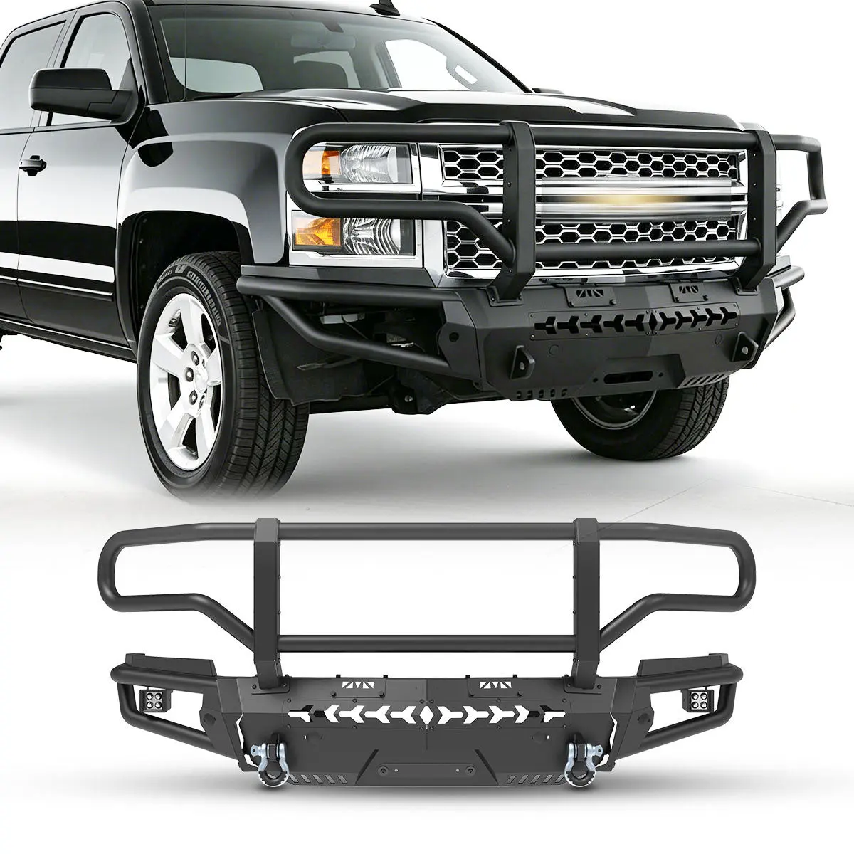 WOLFSTORM Steel Front Bumper, Custom Fit for 2014-2015 Chevy Silverado 1500, Includes 1 x Bull Bar (3a), 1 x Side Wings