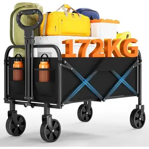 Collapsible Wagon Cart, 380lbs Load, 5" All-Terrain Wheels, Foldable Utility Wagon with Adjustable Handle, Cup Holders, Portable Shopping Cart for Beach, Camping, Garden, Black