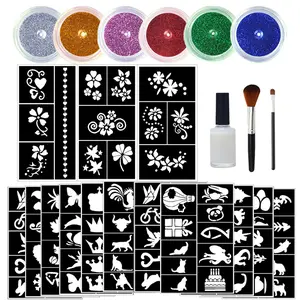 Temporary Glitter Tattoo Kit, 6 Counts Glitter Tattoos for Body Art Painting & 14 Sheets Unique Templates Stencils & 1 Count Glue & 2 Counts Brush, Body Art Painting Tool for Women & Girls, Shimmering Body Makeup