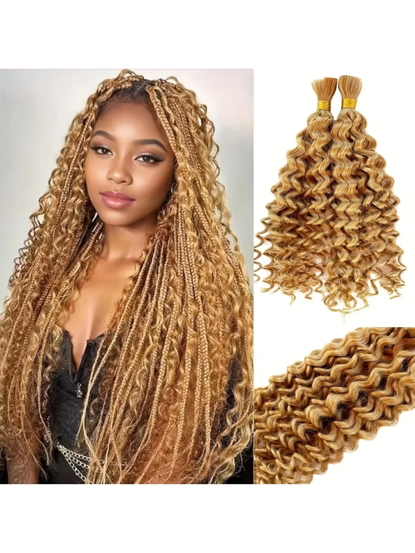 Human Braiding Hair for Boho Braids 100g Deep Wave Bulk Human Hair, Real Brazilian Hair, 100% Unprocessed 12A Brazilian Virgin Boho Hair for Braiding Knotless 2 Bundles/Pack Natural Color Human Hair Extensions