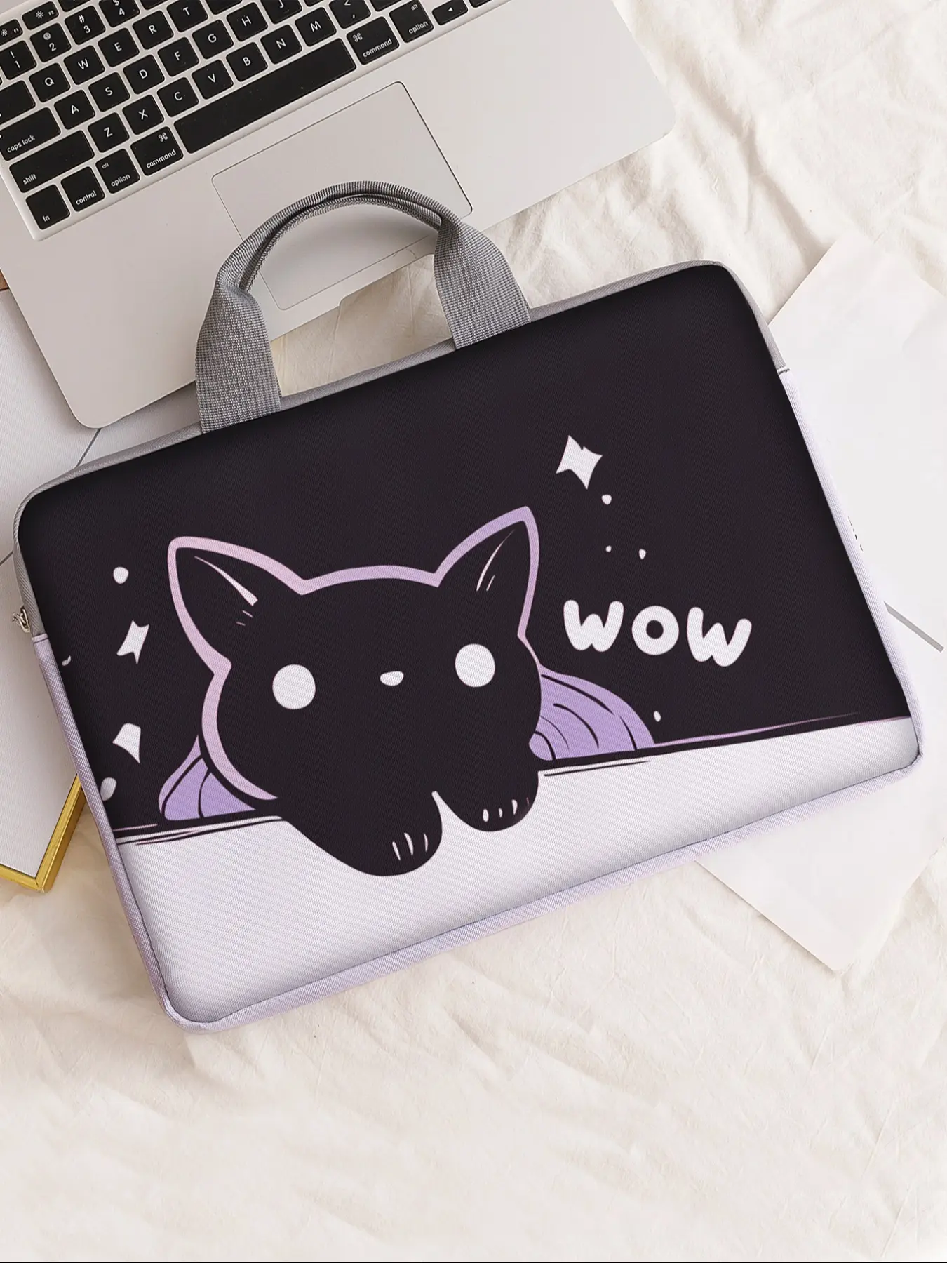 Cat Pattern Printed Notebook Bag, Soft Laptop Sleeve, Tablet Case, Zipper Storage Pouch, Casual Style, All Seasons Use