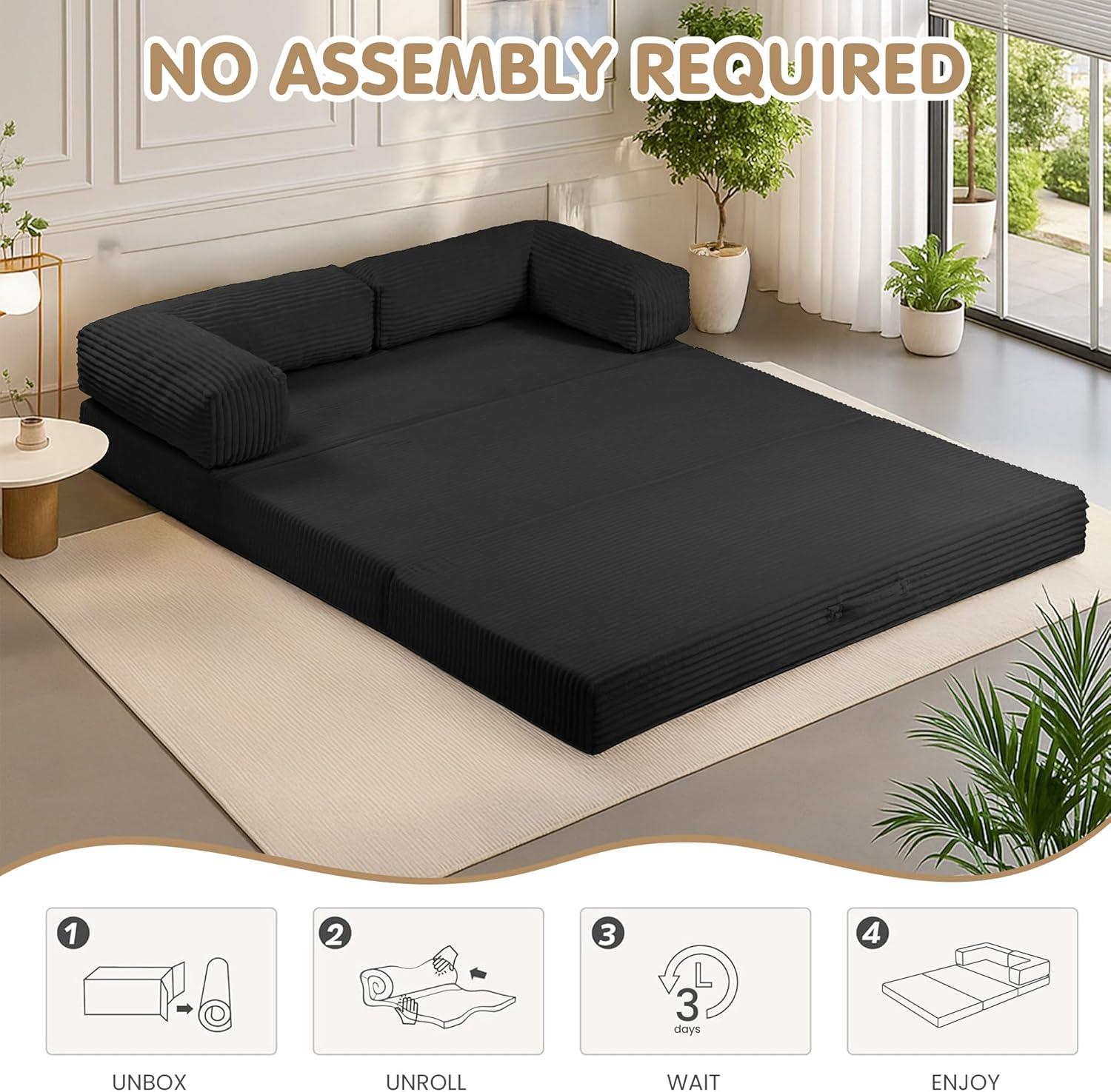 Winzoo 5-in-1 Convertible Sofa Bed,Boneless Couch Tri Folding Floor Mattress with Removable L-Shaped Armrests & Handle,Corduroy Futon Couch Sleeper with Pull Out Bed for Living Room Bedroom Apartment