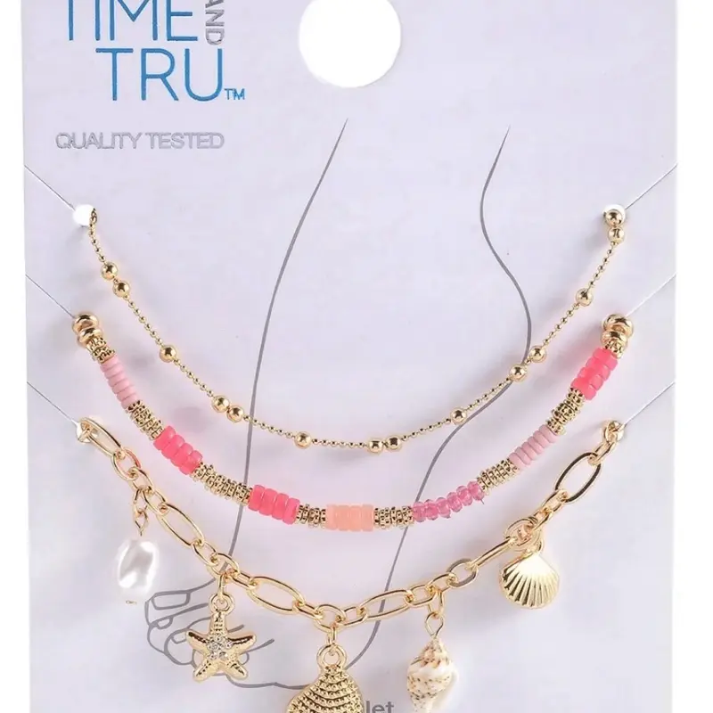 Time And Tru Adult Female Gold-Tone Metal Shell Charms, Ball Chain And Acrylic B